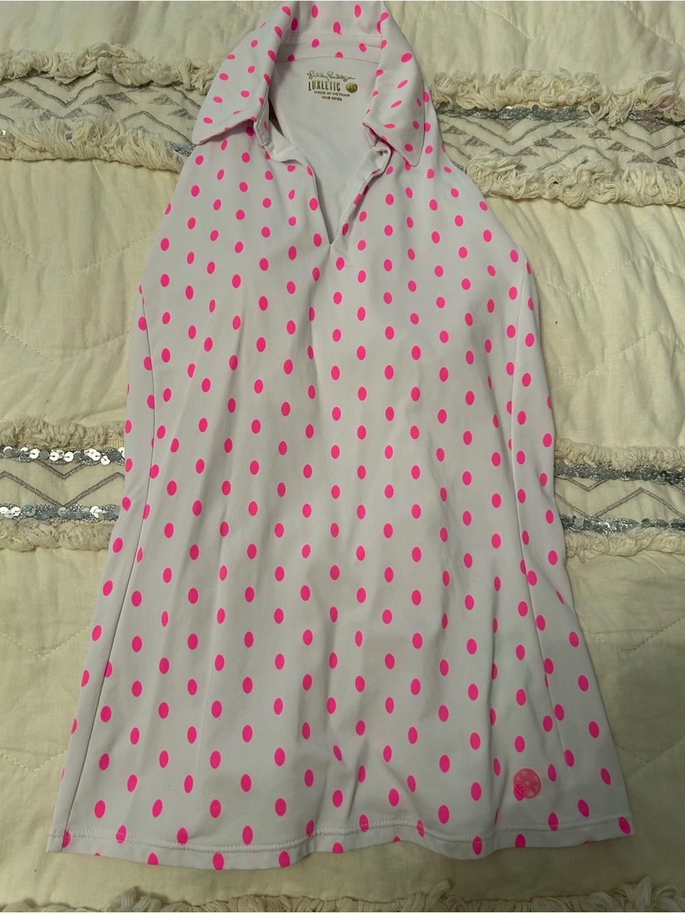 Lilly Pulitzer White Polo Shirt with Neon Pink Polka Dots